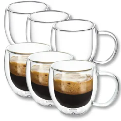 shumee Wilmax dvostenski termo kozarci z ročajem | komplet 6 kosov | 250 ml | kozarci za pitje | termo skodelice | kozarci za čaj | komplet kozarcev za latte macchiato