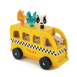 Drveni žuti automobil Animal Taxi Tender Leaf Toys 3 životinjice sa zvukovima od 18 mjeseci starosti