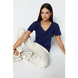 Trendyol Navy Blue 100% Cotton Basic V-Neck Knitted T-Shirt