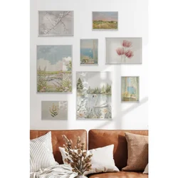 WallXpert set od 8 uramljenih slika Çgs-053, pastelni pejzaži – beli labud na jezeru, cvetna livada, more i roze lale, beli ram