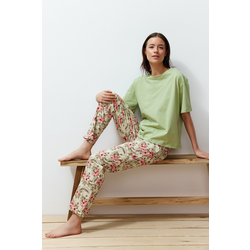 Trendyol Green 100% Cotton Floral Knitted Pajamas Set