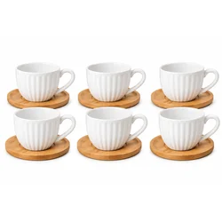 Set šolja sa drvenim tacnama, 6 komada, Bele
