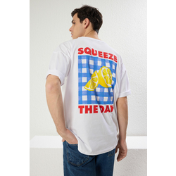 Trendyol White Oversize/Wide Cut Lemon Printed 100% Cotton T-Shirt