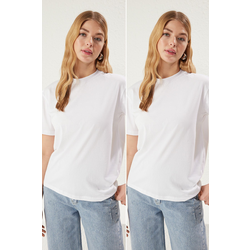 Trendyol White-White 2-Pack 100% Cotton Basic Stand Collar Knitted T-Shirt