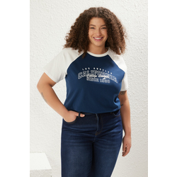 Trendyol Curve Blue Color Block Printed 100% Cotton Knitted Plus Size T-shirt