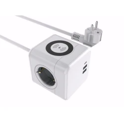 MicroConnect Razdelilnik PowerCube, 3 vtičnice brezžično, 2 USB-A, 1 USB-C, 1,5m, bel