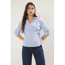 Trendyol Blue Double Breasted Closure with Tie Detail Regular Regular Fit Shirt