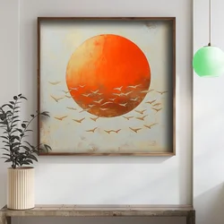 WallXpert uramljena MDF slika DOS029-70, jato ptica ispred narandžastog sunca na svetloj pozadini, 70 x 70 cm
