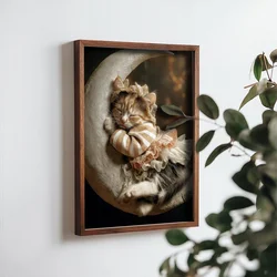 WallXpert uramljena MDF slika NAL018-46, mače spava na mesecu u prugastoj pidžami, 35,5 x 47 cm