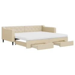 Vidaxl Izvlečna dnevna postelja s predali krem 90x200 cm blago