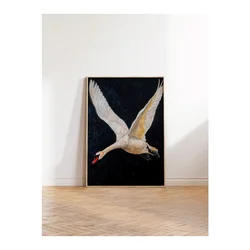WallXpert uramljena slika 115246, beli labud u letu na tamnoj pozadini, 50 x 70 cm, ram u boji prirodnog drveta