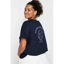 Trendyol Curve Navy Blue 100% Cotton Back Printed Relaxed/Wide Relaxed Cut Crew Neck Knitted T-Shirt
