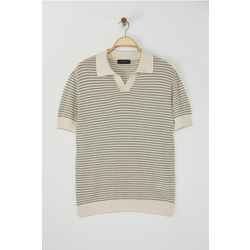 Trendyol Beige - Khaki Striped Limited Edition Relaxed Short Sleeve Polo Neck Knitwear T-shirt