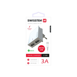 SWISSTEN punjač za AC220, 2xUSB, 3A, SMART IC, držač, bijeli + microUSB kabel