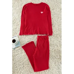 Trendyol Curve Red Ribbed Printed Knitted Pajama Set