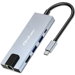Qoltec Hub adapter USB-C 5v1 | USB-C PD 100W | 2x USB | HDMI 4K | RJ45
