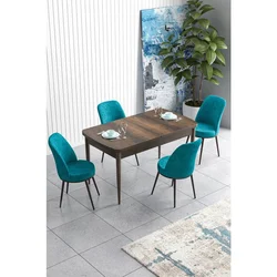 Hanah Home trpezarijski set Han, sto na razvlačenje i 4 stolice, ploča u dekoru drveta Baroque, tirkizna tkanina Jerry