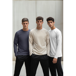 Trendyol Dark Grey-Beige-White Slim/Slim Fit Pack of 3 100% Cotton Long Sleeve Basic T-Shirt