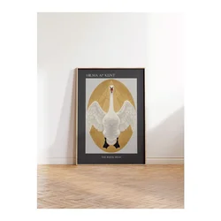 WallXpert uramljena slika 115230, The White Swan Hilme af Klint, beli labud u zlatnom ovalu, 50 x 70 cm, ram u boji prirodnog drveta