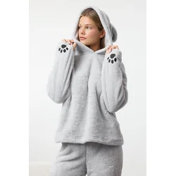 Trendyol Gray Hooded and Embroidered Wellsoft Winter Knitted Pajama Set