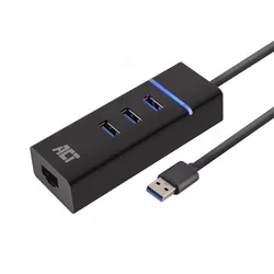 ACT AC6310 USB Hub 3.2 s 3 vrati USB-A in ethernetom (RJ45) črn
