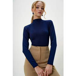 Trend Alaçati Stili Womens Navy Blue Half Turtleneck Two Thread Blouse