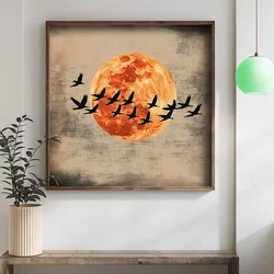 WallXpert uramljena MDF slika DOS018-70, jato crnih ptica ispred narandžastog meseca, 70 x 70 cm