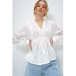Trend Alacati Stili Ženska bluza dugih rukava Alc-X13422, V-izrez, Bela
