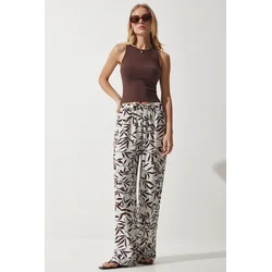 Happiness Istanbul Womens Ecru Brown Patterned Flowing Viscose Palazzo Trousers