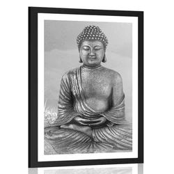 Plakat s paspartujem kip Bude v meditativnem položaju v črnobeli varianti - 60x90 no frame