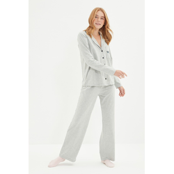 Trendyol Gray Cotton Embroidered Knitted Pajamas Set
