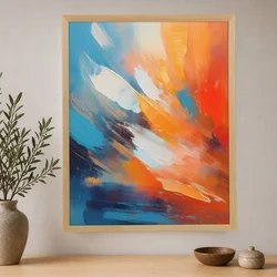 WallXpert uramljena slika na platnu Cc-D-Ah-1004, apstraktni potezi četkom u plavoj i narandžastoj boji, 70 x 95 cm
