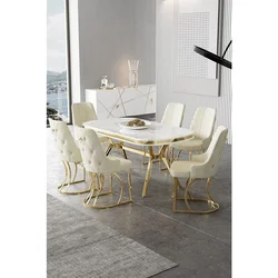 Hanah Home trpezarijski set Epal, sto i 6 stolica, ploča u dekoru belog mermera, zlatne noge, krem tkanina Babyface