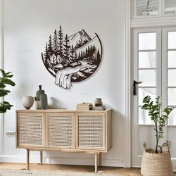 WallXpert metalni zidni ukras DCV-1053-MT, šuma, planine i vodopad u krugu, 60 x 60 cm, crni