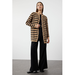 Trendyol Brown Striped Gold Button Detailed Soft Textured Knitwear Cardigan