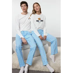 Trendyol Womens Couple White 100% Cotton Striped Teddy Bear Knitted Pajama Set