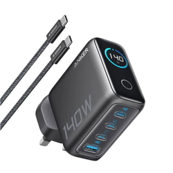 ANKER 140W GaN zidni brzi punjač, 4-porta (3x USB-C i 1x USB-A) sa USB-C M/M pletenim kablom, srebrni