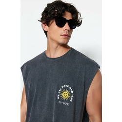 Trendyol Anthracite Oversize/Wide Cut Faded Effect Text Print 100% Cotton T-Shirt/Athlete