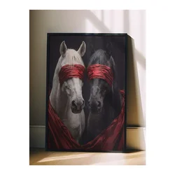 WallXpert uramljena slika 115189, beli i crni konj sa crvenim povezima preko očiju, 30 x 40 cm, crni ram