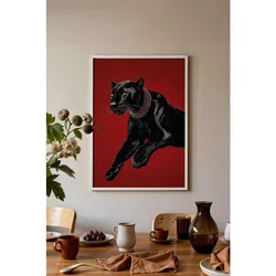WallXpert uramljena slika 115261, crni panter sa ogrlicom na crvenoj pozadini, 30 x 40 cm, beli ram