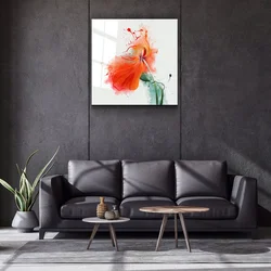 WallXpert slika na kaljenom staklu Kgls_2071, narandžasti cvet u akvarel stilu na beloj pozadini, 50 x 50 cm