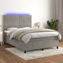 vidaXL Box spring postelja z vzmetnico LED sv. siva 140x190 cm žamet