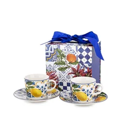 Komplet 2 skodelic in krožnikov za espresso, večbarvni porcelan