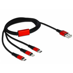 Kabel DELOCK, USB na 8-portni Lightning priključek, Micro USB in USB-C, 1m, črn/rdeč