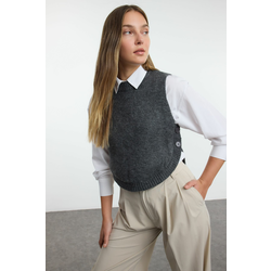 Trendyol Anthracite Crop Soft Texture Buttoned Knit Sweater