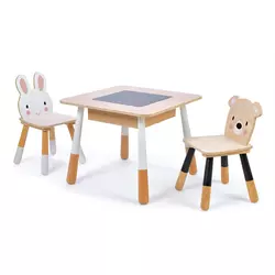 Drveni dječji namještaj Forest table and Chairs Tender Leaf Toys stol s prostorom za odlaganje i dva stolca medvjed i zec