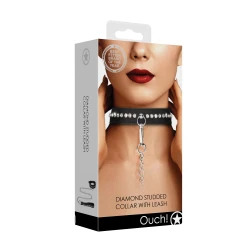 Ouch! Diamond Studded Collar with Leash Black