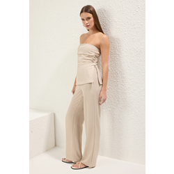Trendyol Beige Linen Look Strapless Blouse and Trousers Woven Bottom-Top Set