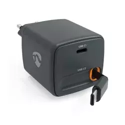 Nedis WCHARC65WBK - Crni punjač sa uvlačivim kablom, Power Delivery 65W, 2x USB-C