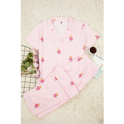Trendyol Curve Pink Striped Teddy Bear Patterned Shirt Collar Knitted Pajama Set